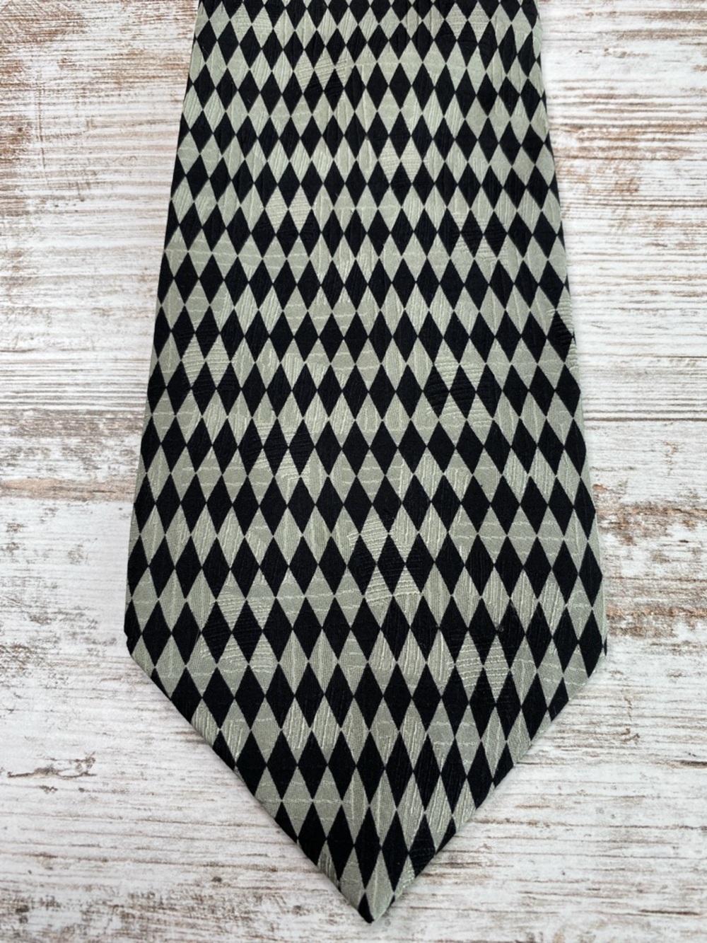 Vintage 90s Tongue Tied Silk Tie Black Silver Harlequin Diamond Wide 58x4